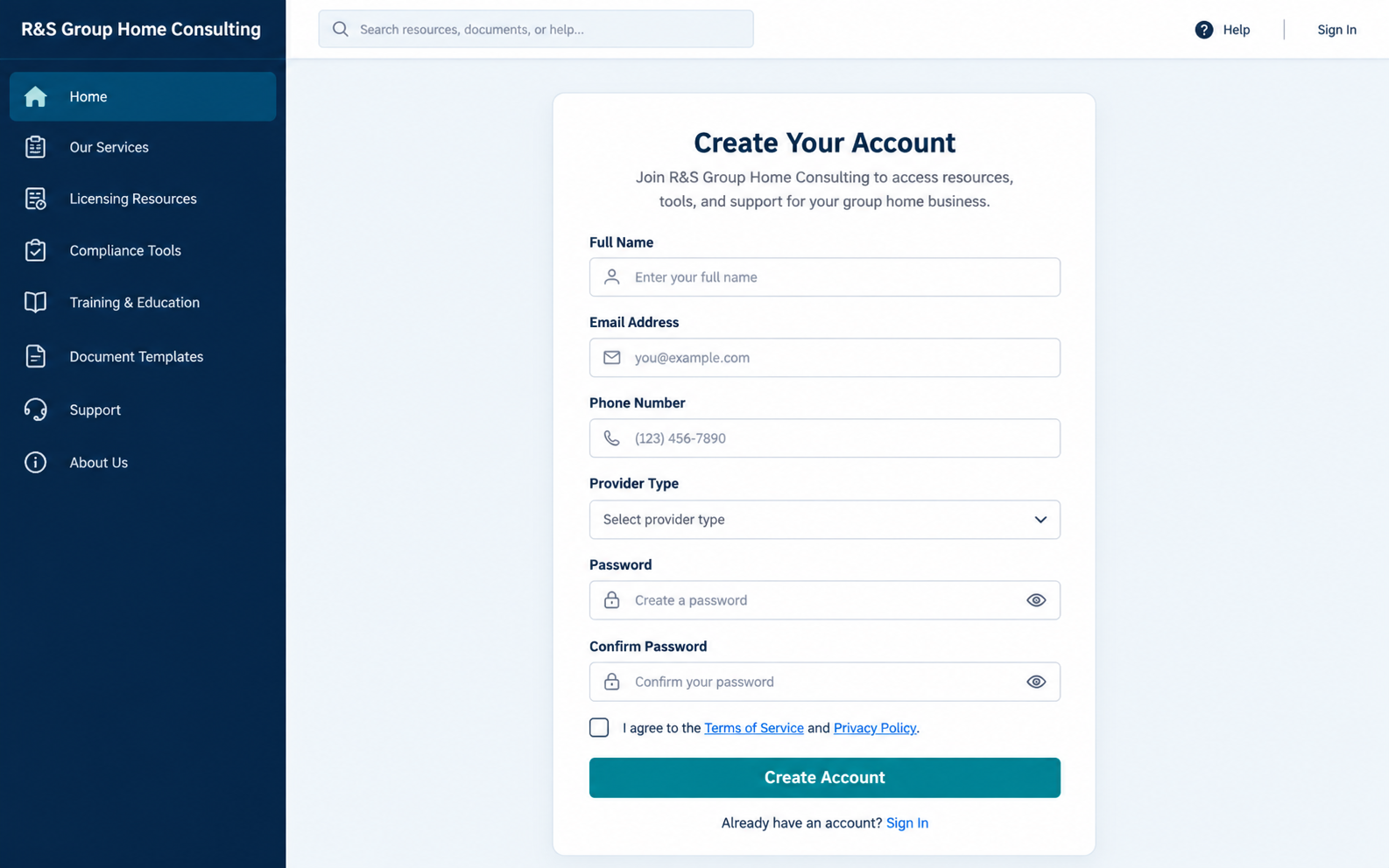 RS Care Connect registration mockup